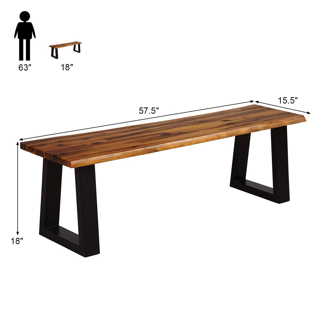 57.5" Live Edge Acacia Wood Outdoor Dining Bench with Metal Legs S66798