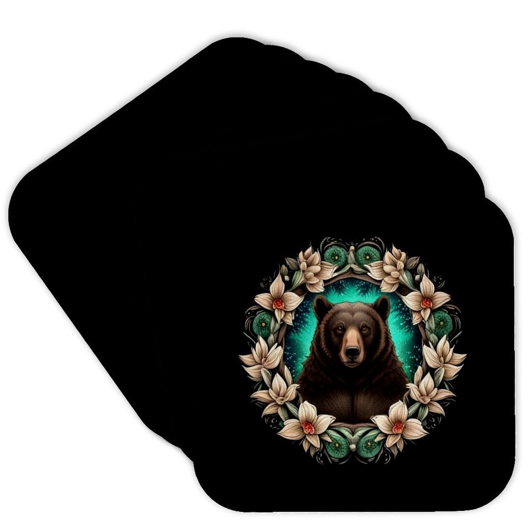 Black Bear Yucca Flower Tattoo Set of 8 Coasters J3146