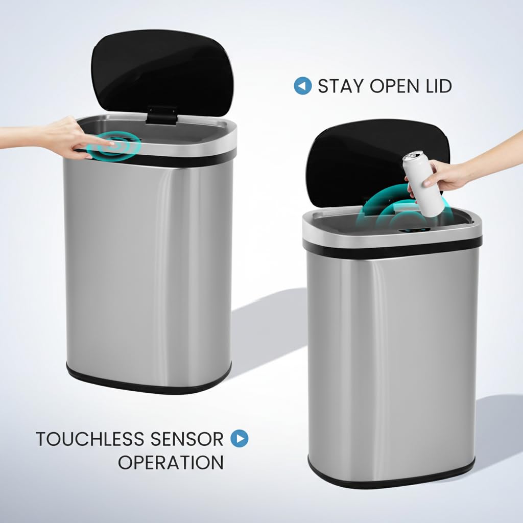13 Gallon Touch-Free Motion Sensor Stainless-Steel Trash Can P581
