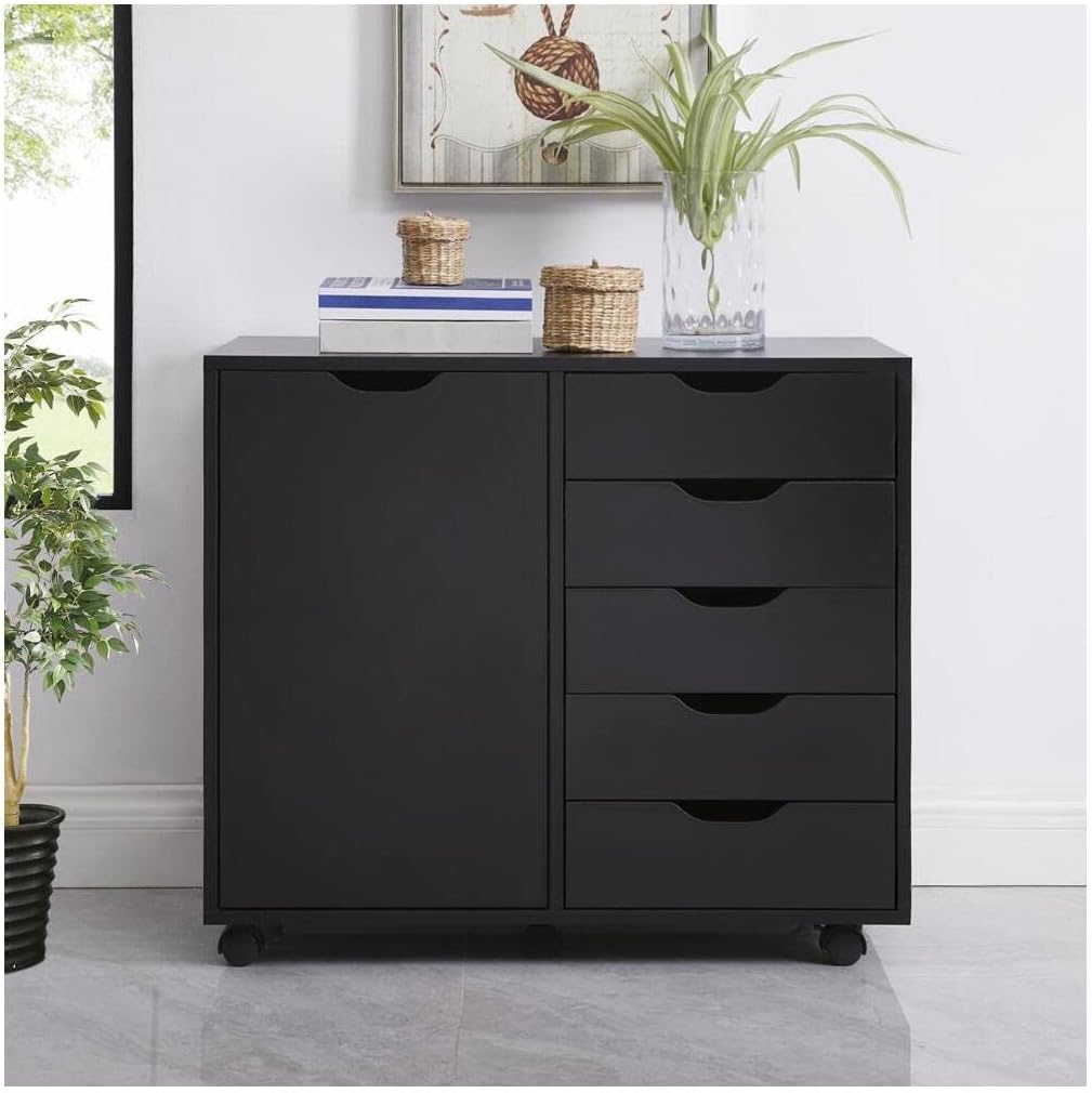 Black 5 Drawer Wood Storage Cabinet with Wheels F108