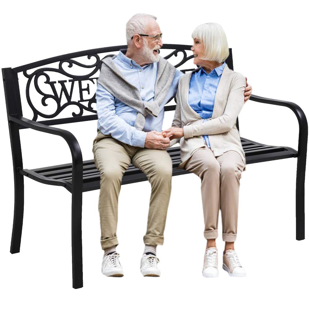 Black Metal Garden Patio Bench with Armrests L453872