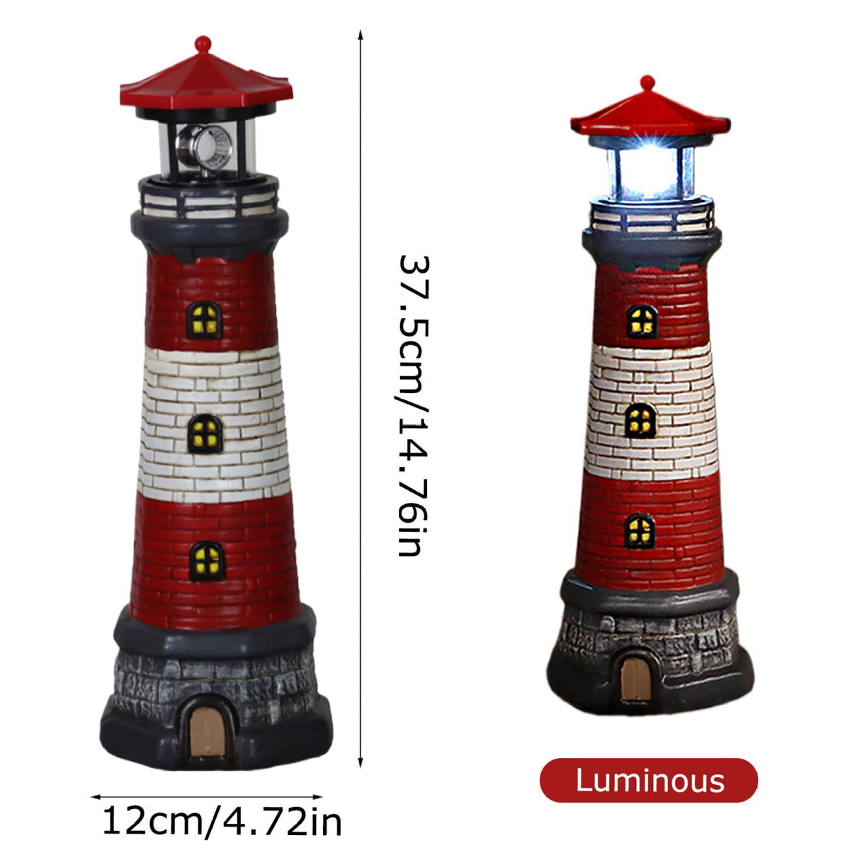 Solar Lighthouse with Rotating LED Lights, 4.7x4.7x14.8 Decorative Garden Statues, Red P9947