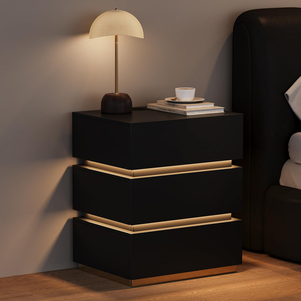 Black Set of 2 Nightstand with Wireless Charging and 3 Drawers Z823