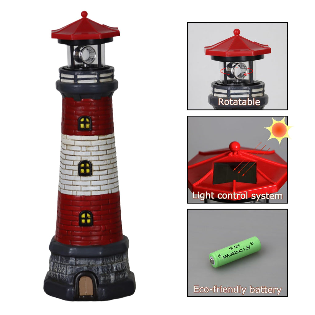 Solar Lighthouse with Rotating LED Lights, 4.7x4.7x14.8 Decorative Garden Statues, Red P9947