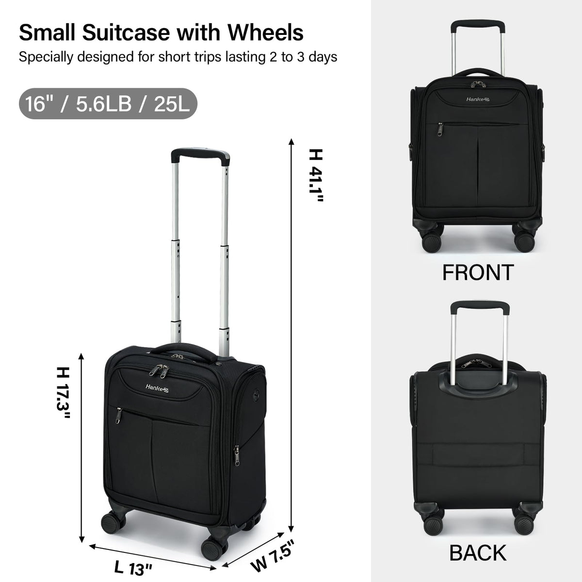 Black 16 Inch Underseat Carry On Luggage with Spinner Wheels J44110