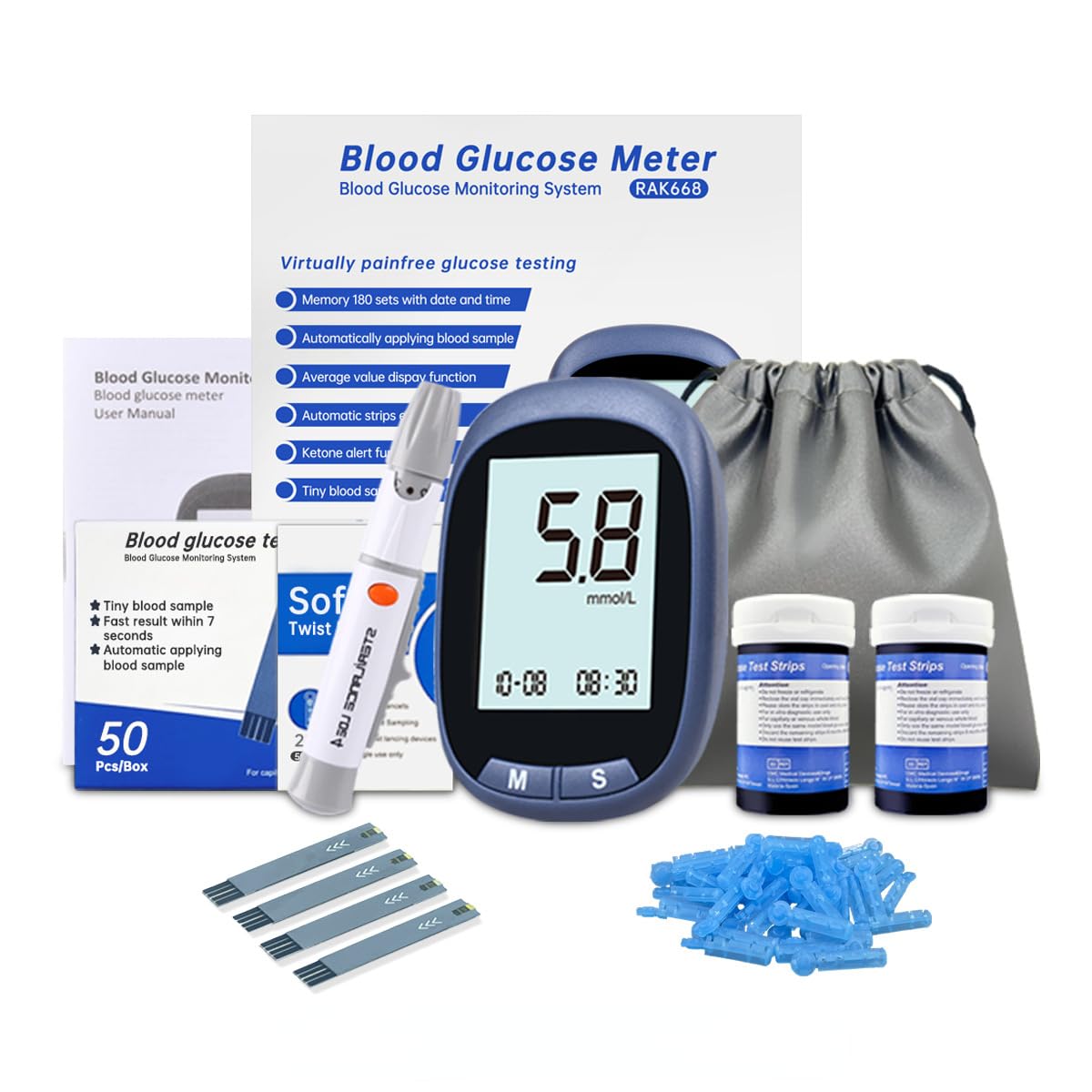 Blood Glucose Monitor Kit with 50 Test Strips and 50 Lancets R19570