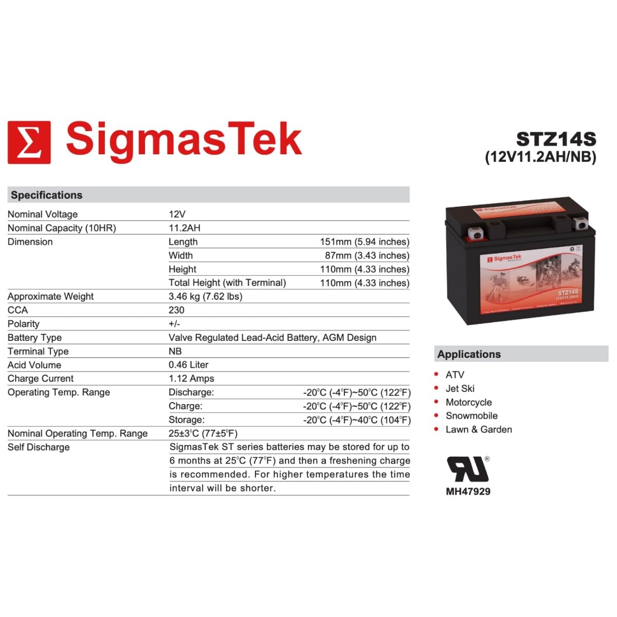 Sealed Lead Acid AGM Motorcycle Battery B667092