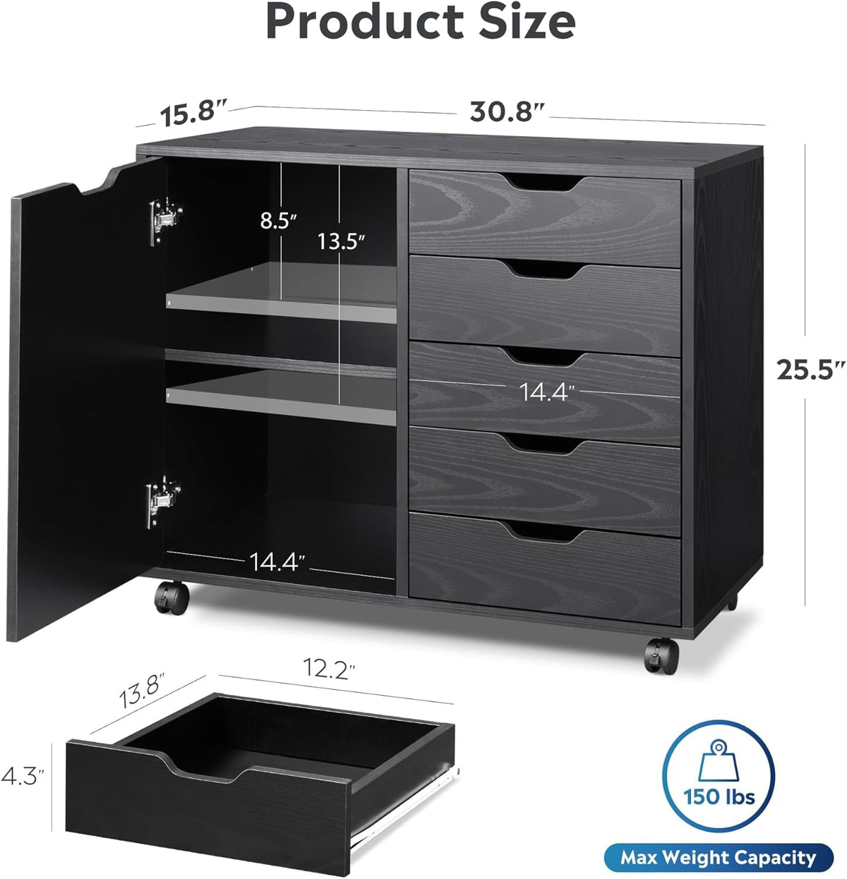 Black 5 Drawer Wood Storage Cabinet with Wheels F108