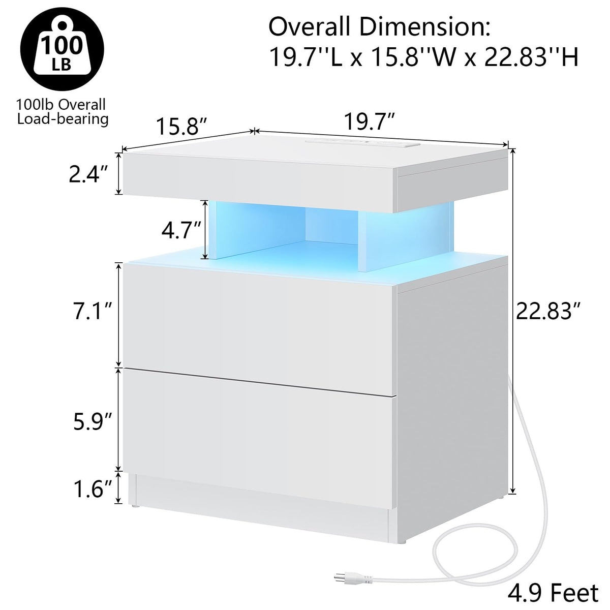 White High Gloss 2 Drawer Nightstand with LED Light E620