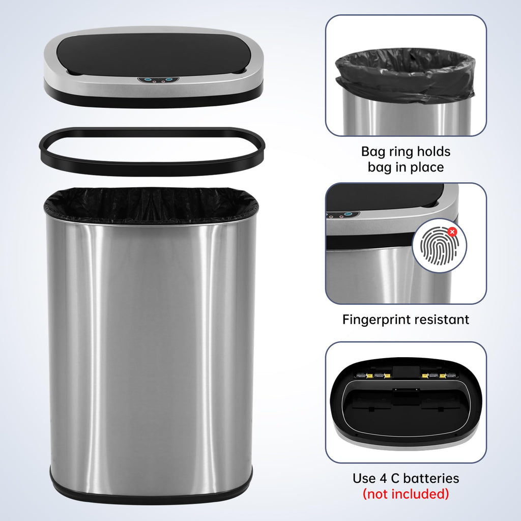13 Gallon Touch-Free Motion Sensor Stainless-Steel Trash Can P581