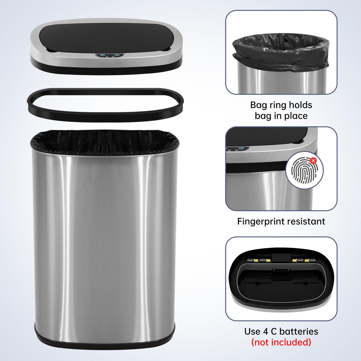 13 Gallon Touch-Free Motion Sensor Stainless-Steel Trash Can P581