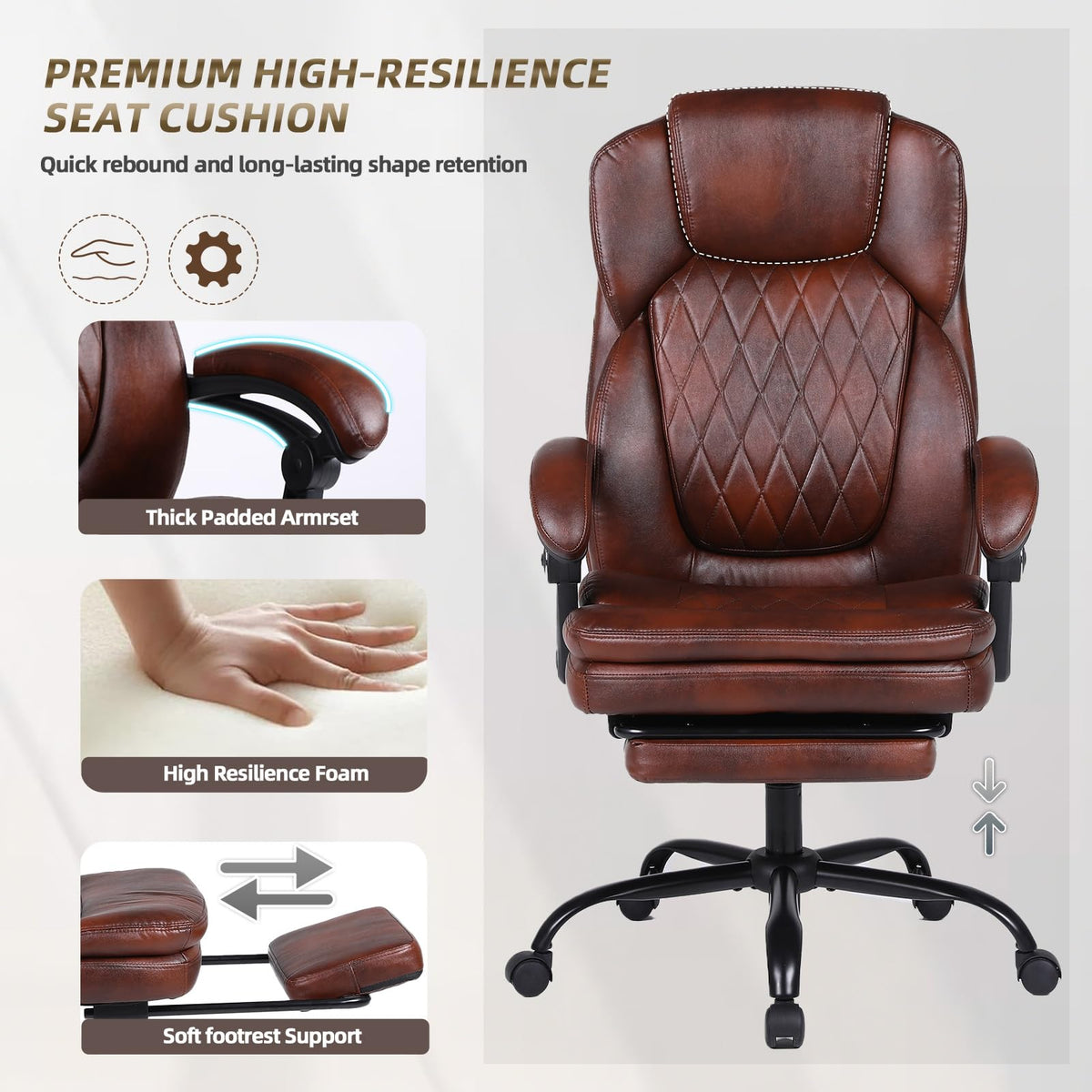 Big and Tall Brown PU Leather Reclining Office Chair with Foot Rest U165197