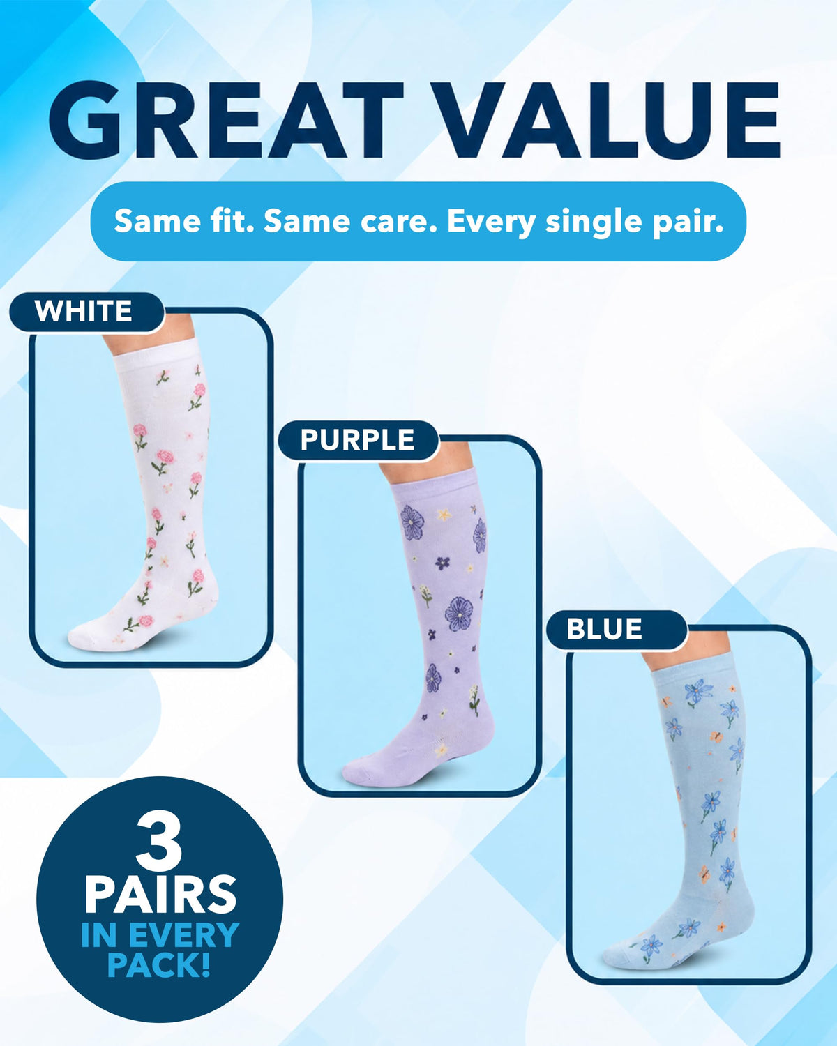 Bamboo Viscose 8-15 mmHg Knee High Compression Socks 3 Pairs K3981
