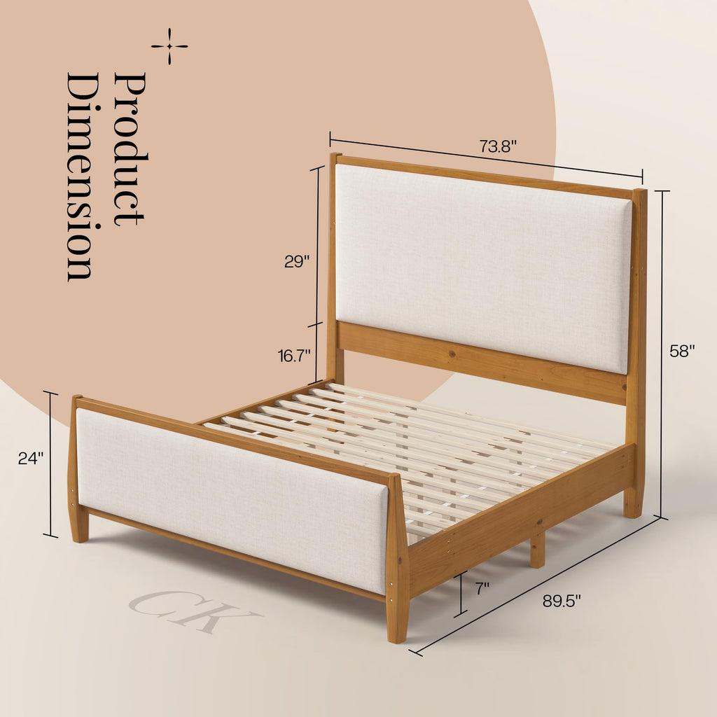 Solid Wood California King Size Bed Frame with Upholstered Headboard & Footboard S4121