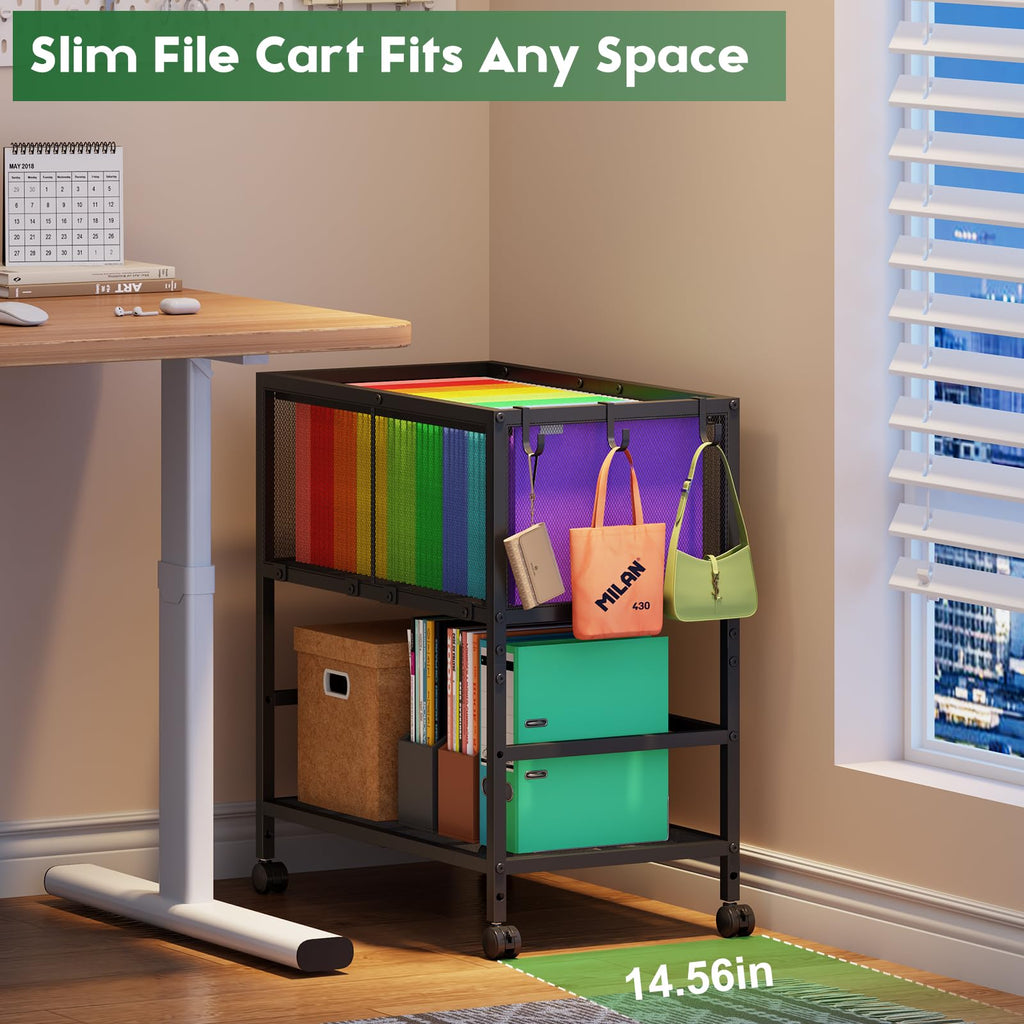 Black 2-Tier Rolling Metal File Cart with Storage Shelf N2011