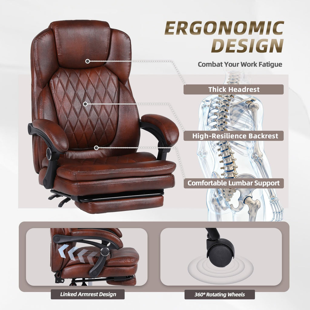 Big and Tall Brown PU Leather Reclining Office Chair with Foot Rest U165197