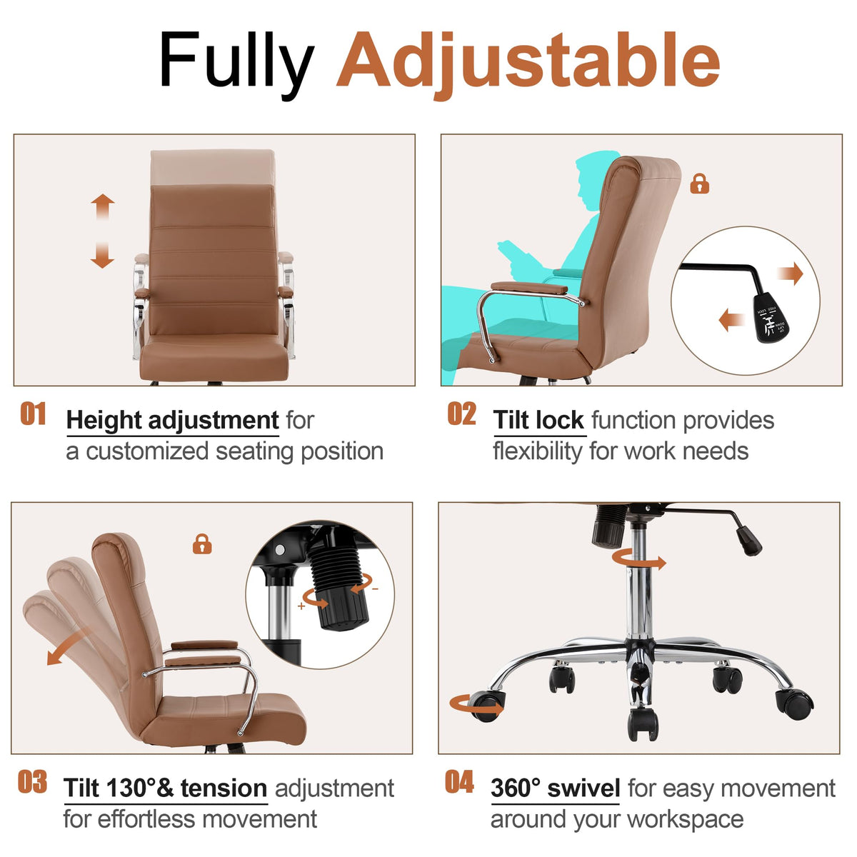 Brown Leather High Back Office Chair with Armrest Y104