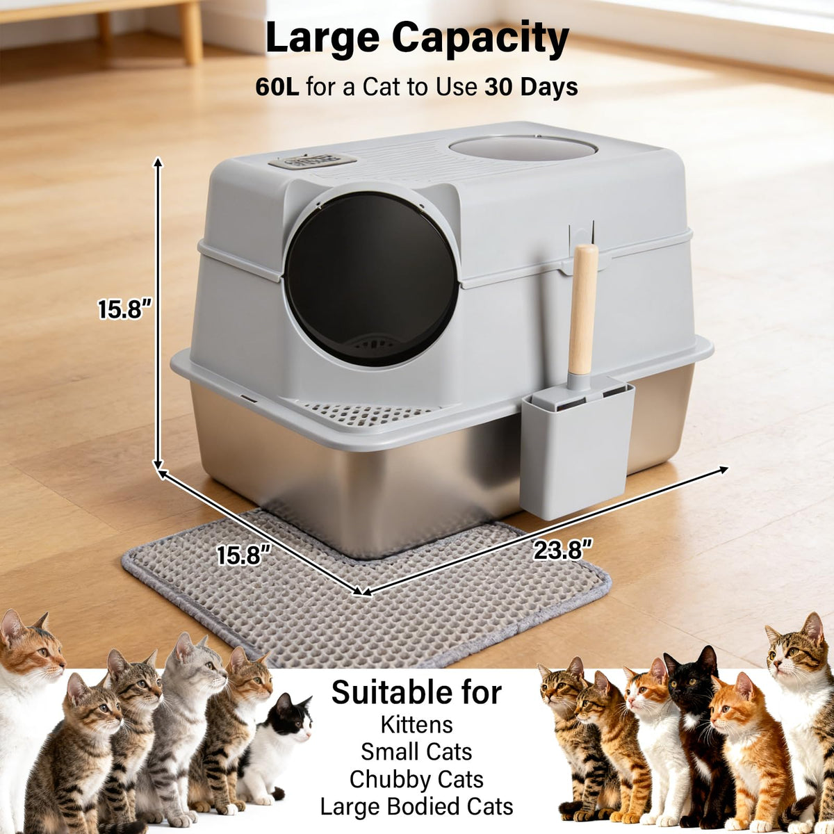 XL Stainless Steel Enclosed Cat Litter Box with Lid T947