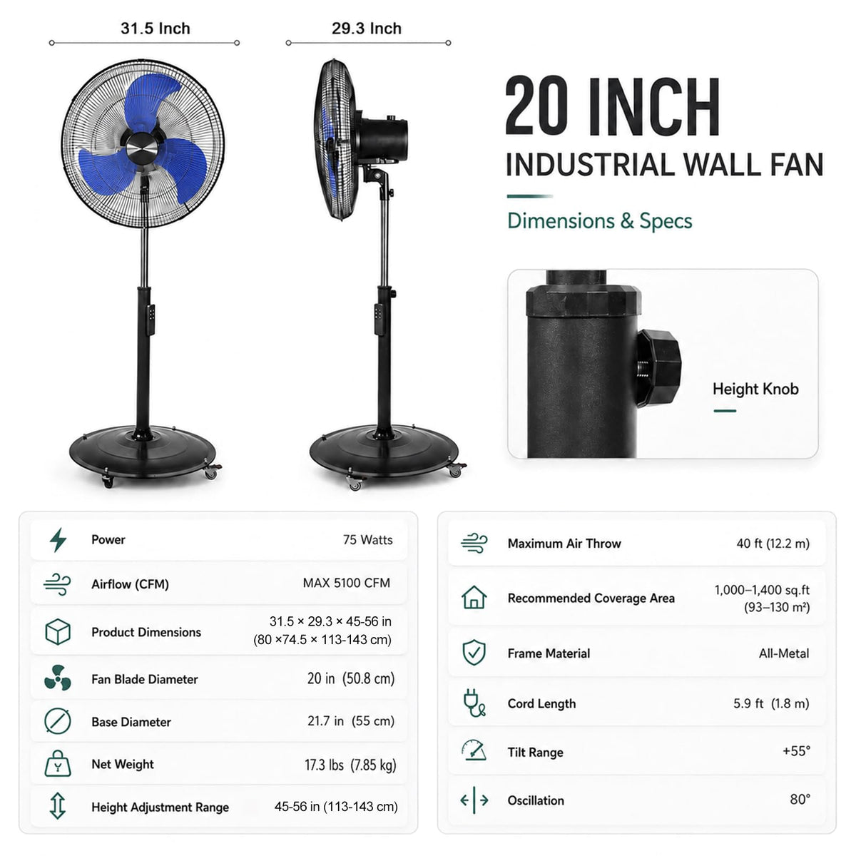 20 Inch Oscillating Pedestal Fan with Remote Control Y600275