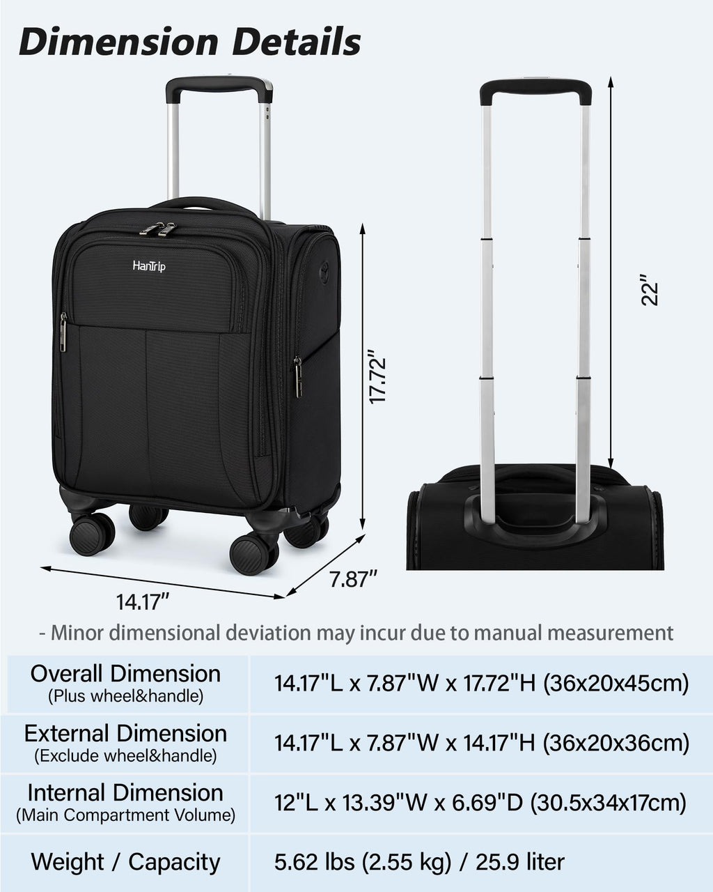 16 Inch Underseat Carry On Luggage with Spinner Wheels, Black A36890
