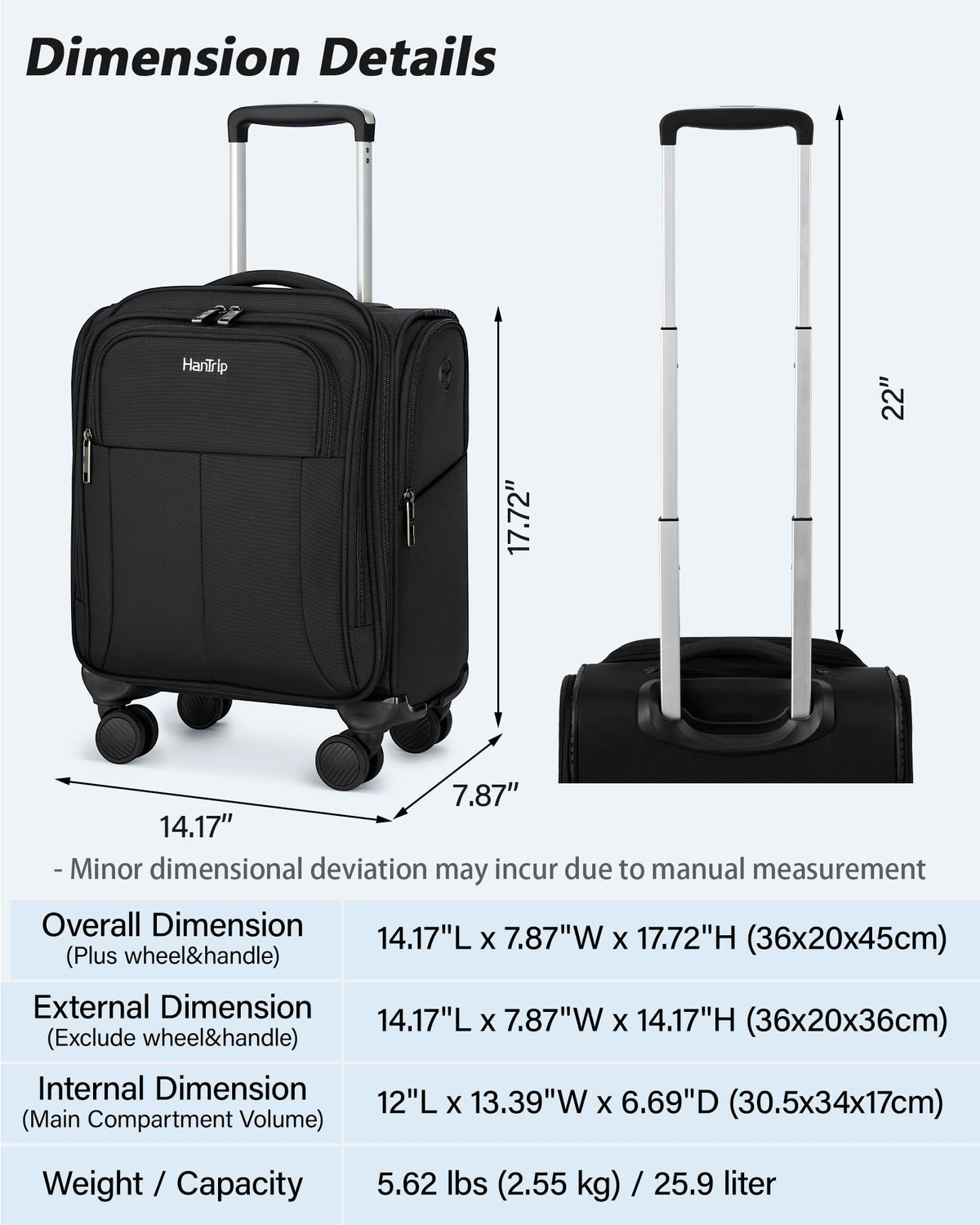 16 Inch Underseat Carry On Luggage with Spinner Wheels, Black A36890