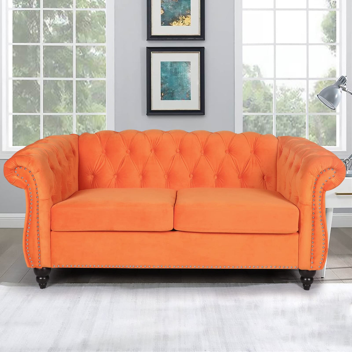 Orange Velvet Chesterfield Loveseat Sofa H4238