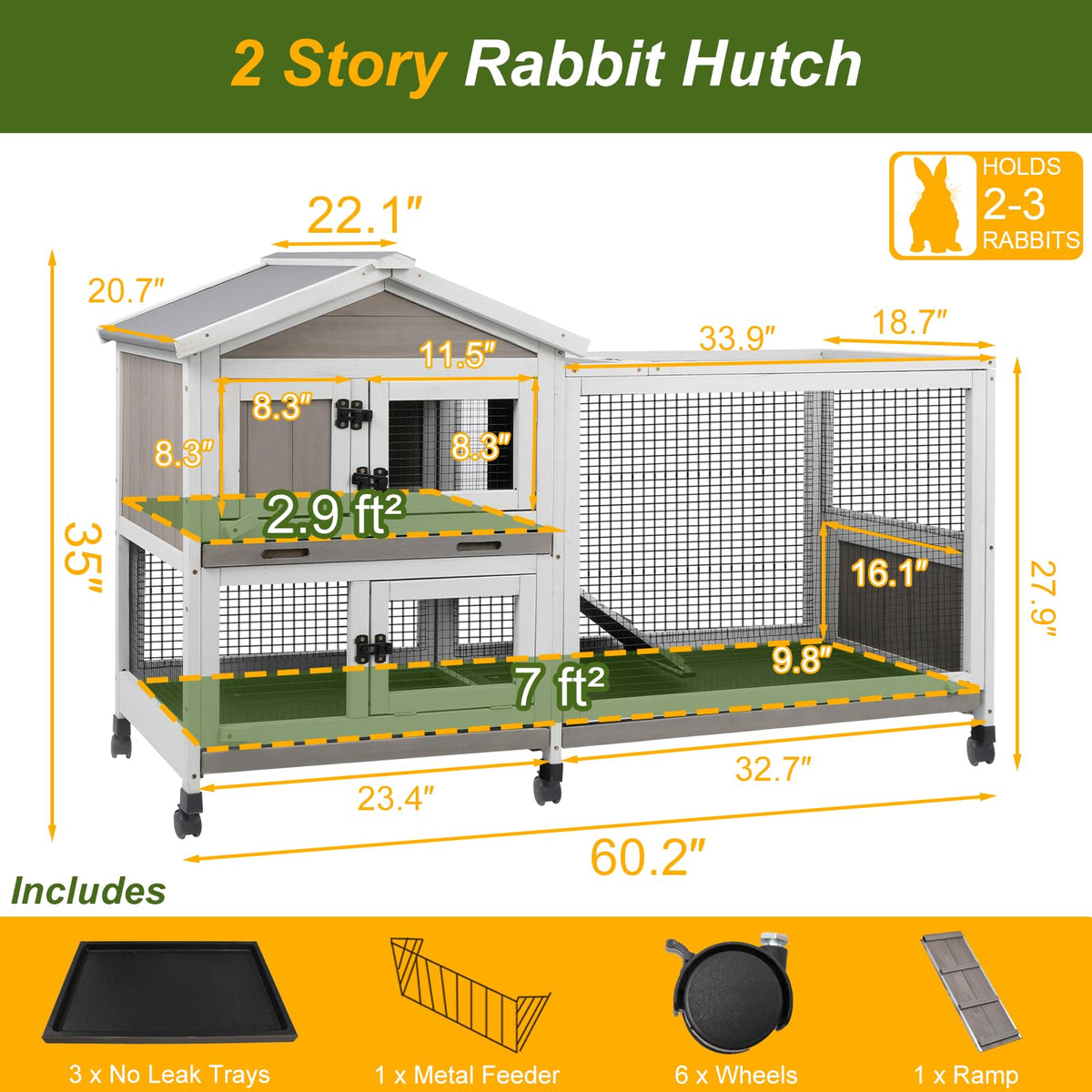 Large Rabbit Hutch with Run 2-Story Bunny Cage 6 Wheels P3064