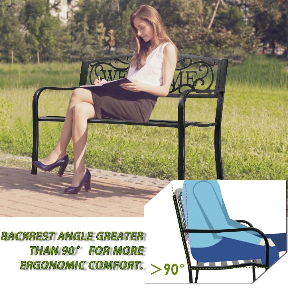 Black Metal Garden Patio Bench with Armrests L453872