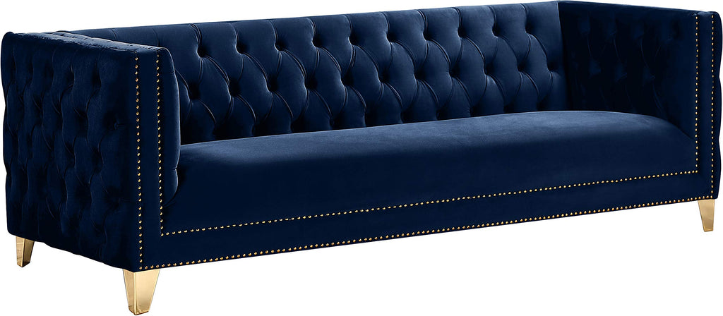 Navy Velvet Sofa with Gold Nailhead Trim L452