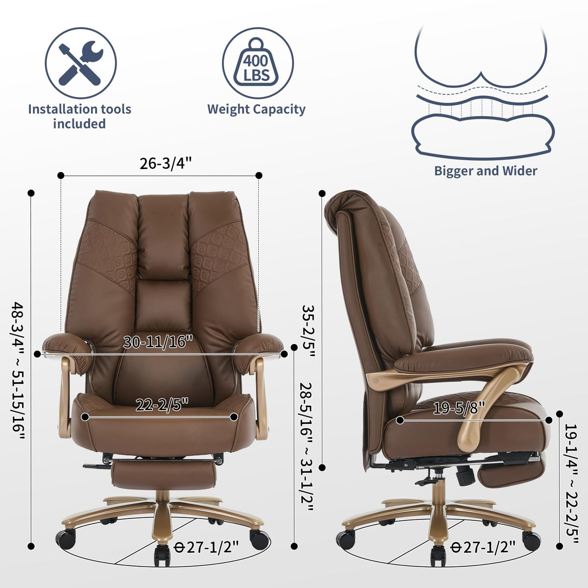 Big and Tall Ergonomic Office Chair with Footrest, 400LBS Capacity Brown PU Leather V90387
