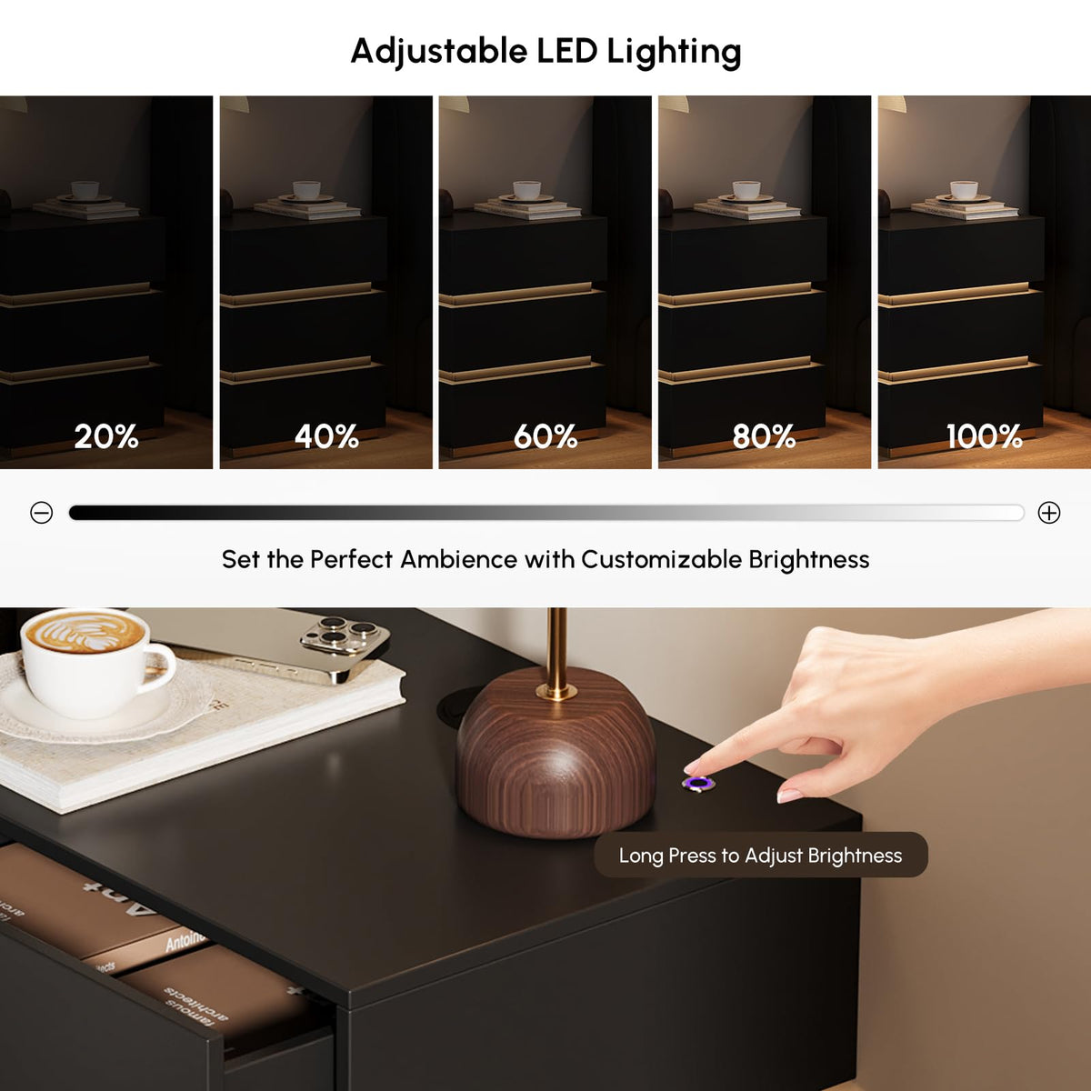 Black Set of 2 Nightstand with Wireless Charging and 3 Drawers Z823