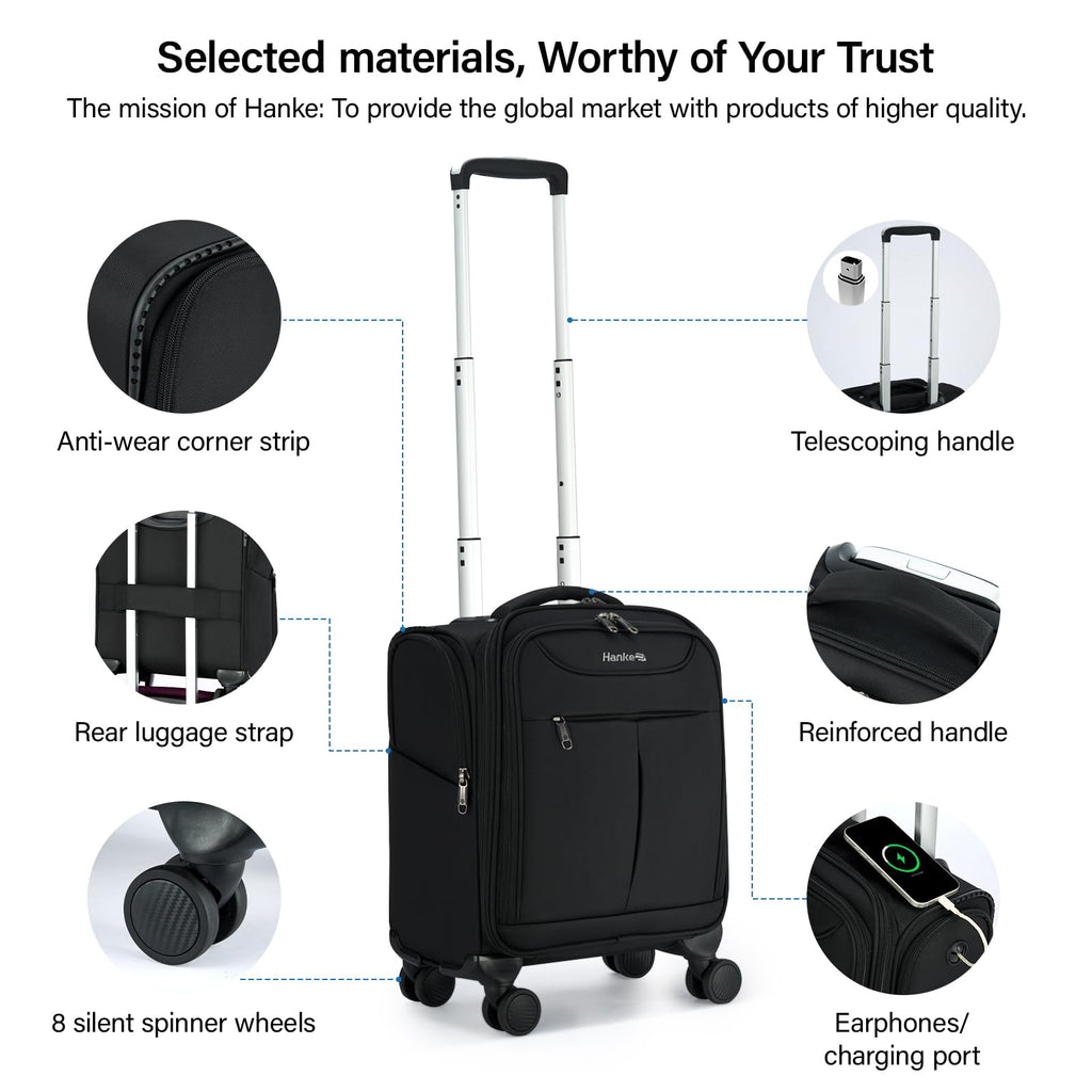 Black 16 Inch Underseat Carry On Luggage with Spinner Wheels J44110