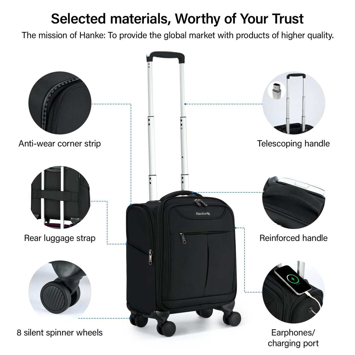 Black 16 Inch Underseat Carry On Luggage with Spinner Wheels J44110