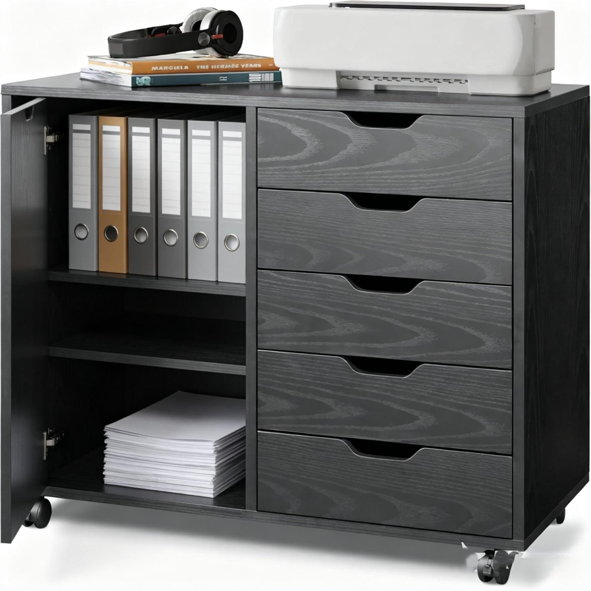 Black 5 Drawer Wood Storage Cabinet with Wheels F108