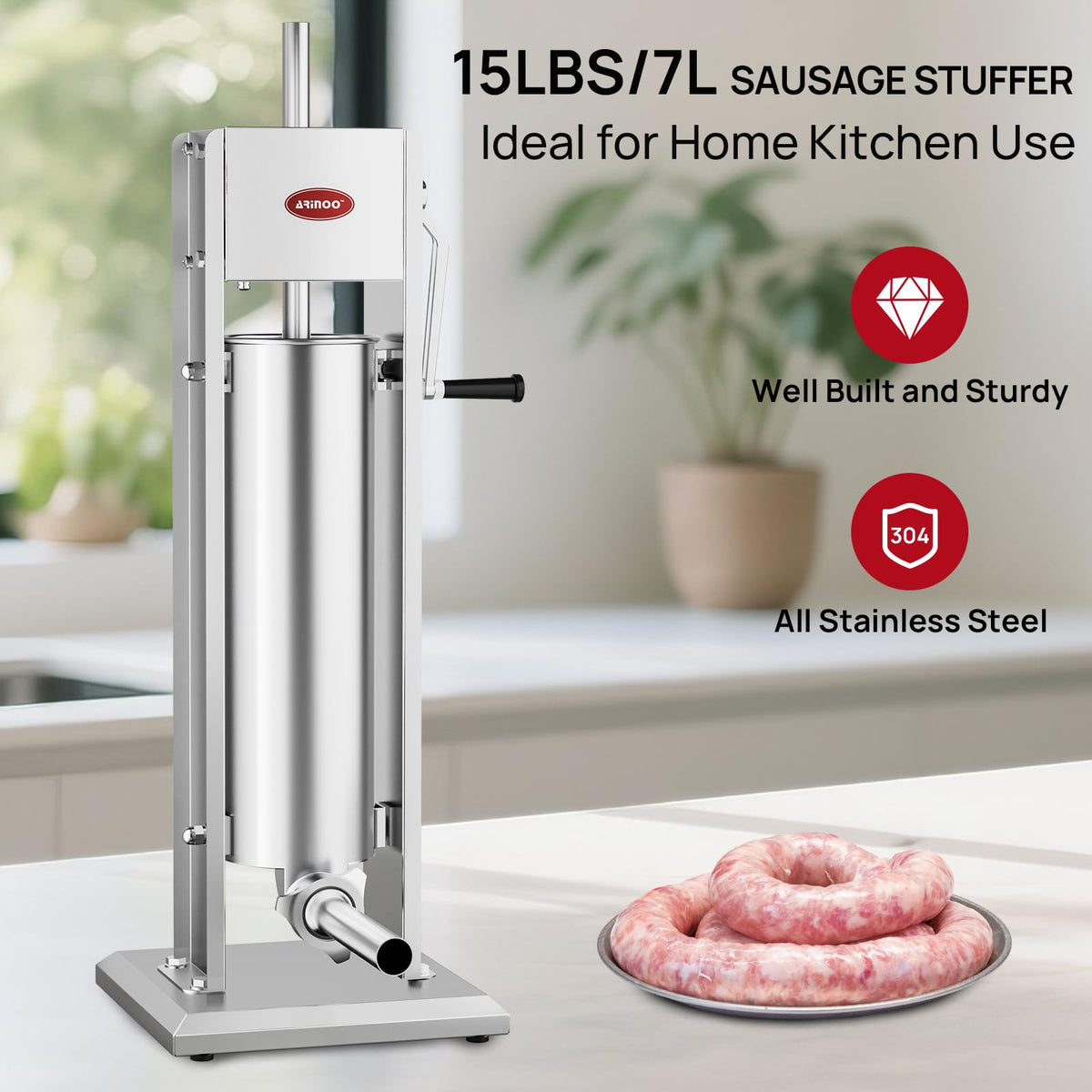 7L Stainless Steel Vertical Sausage Stuffer with 4 Stuffing Tubes L577611