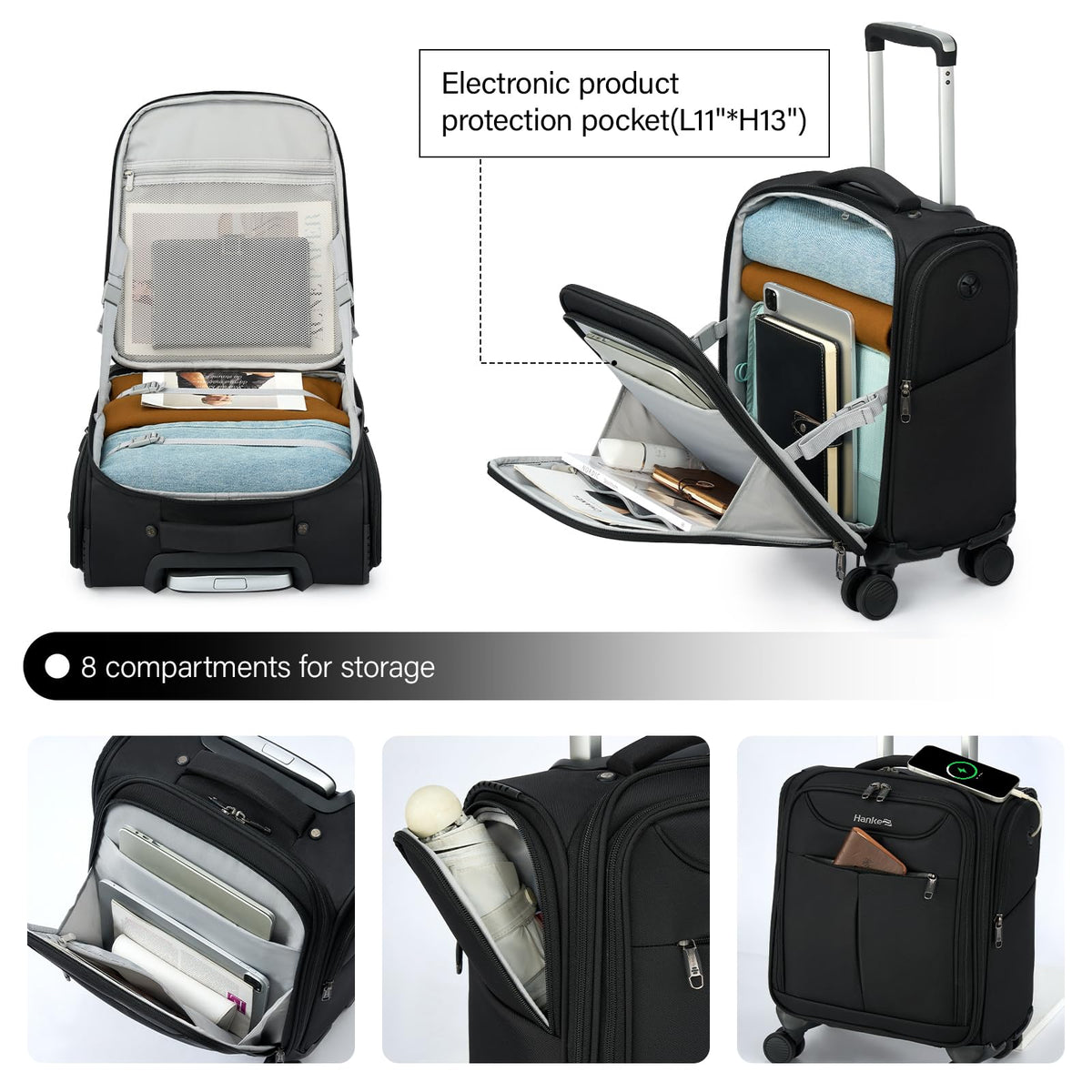 Black 16 Inch Underseat Carry On Luggage with Spinner Wheels J44110