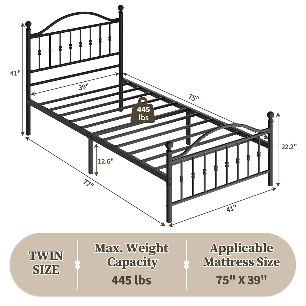 Twin Size Metal Platform Bed Frame with Headboard & Footboard U98041