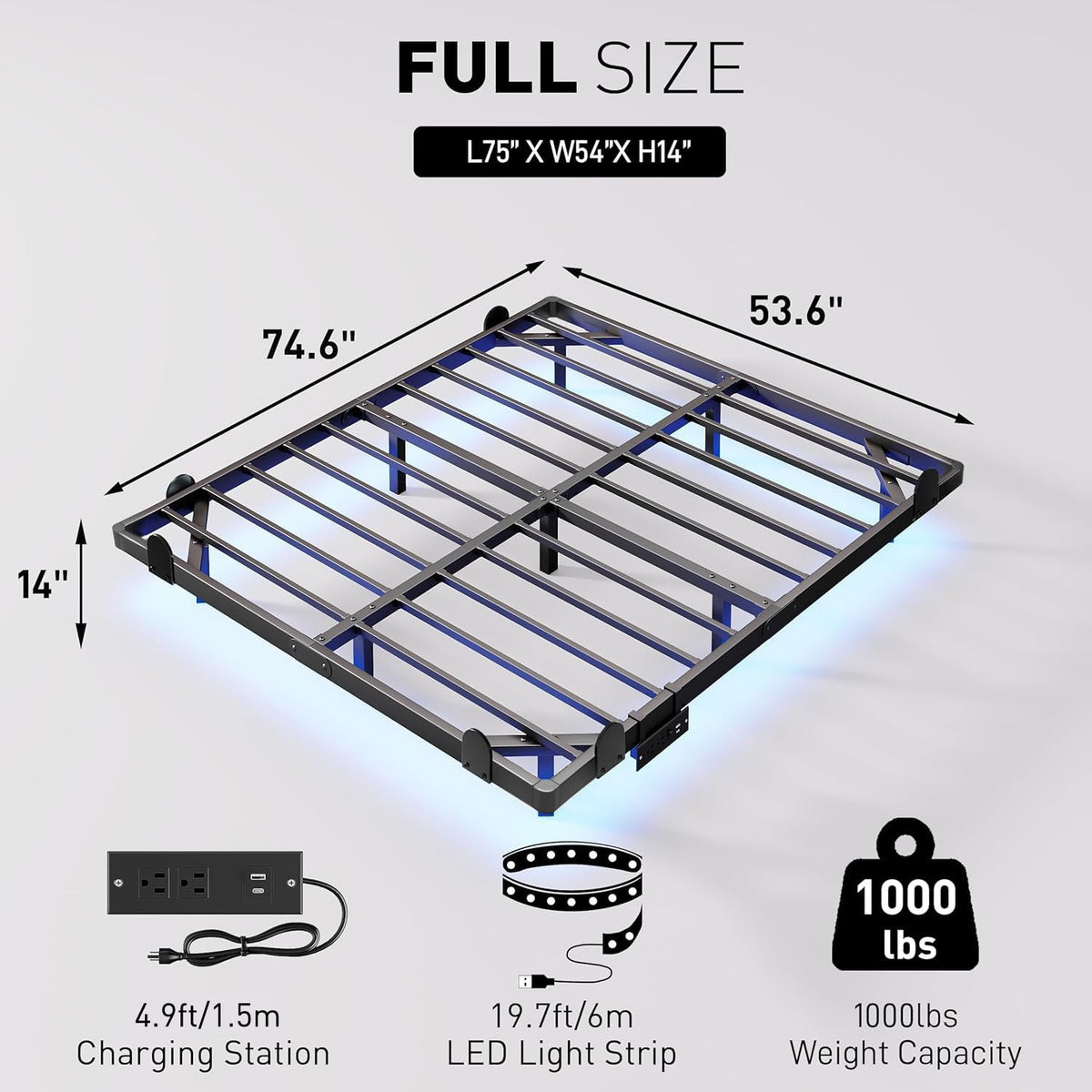 14 Inch Full Bed Frame with LED Lights and Charging Station J449