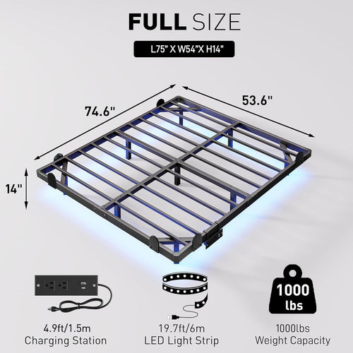 14 Inch Full Bed Frame with LED Lights and Charging Station J449