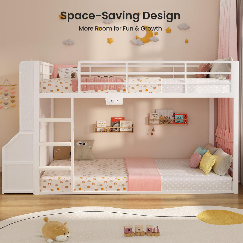 Twin Over Twin Bunk Bed with Bookshelf and Drawers S107