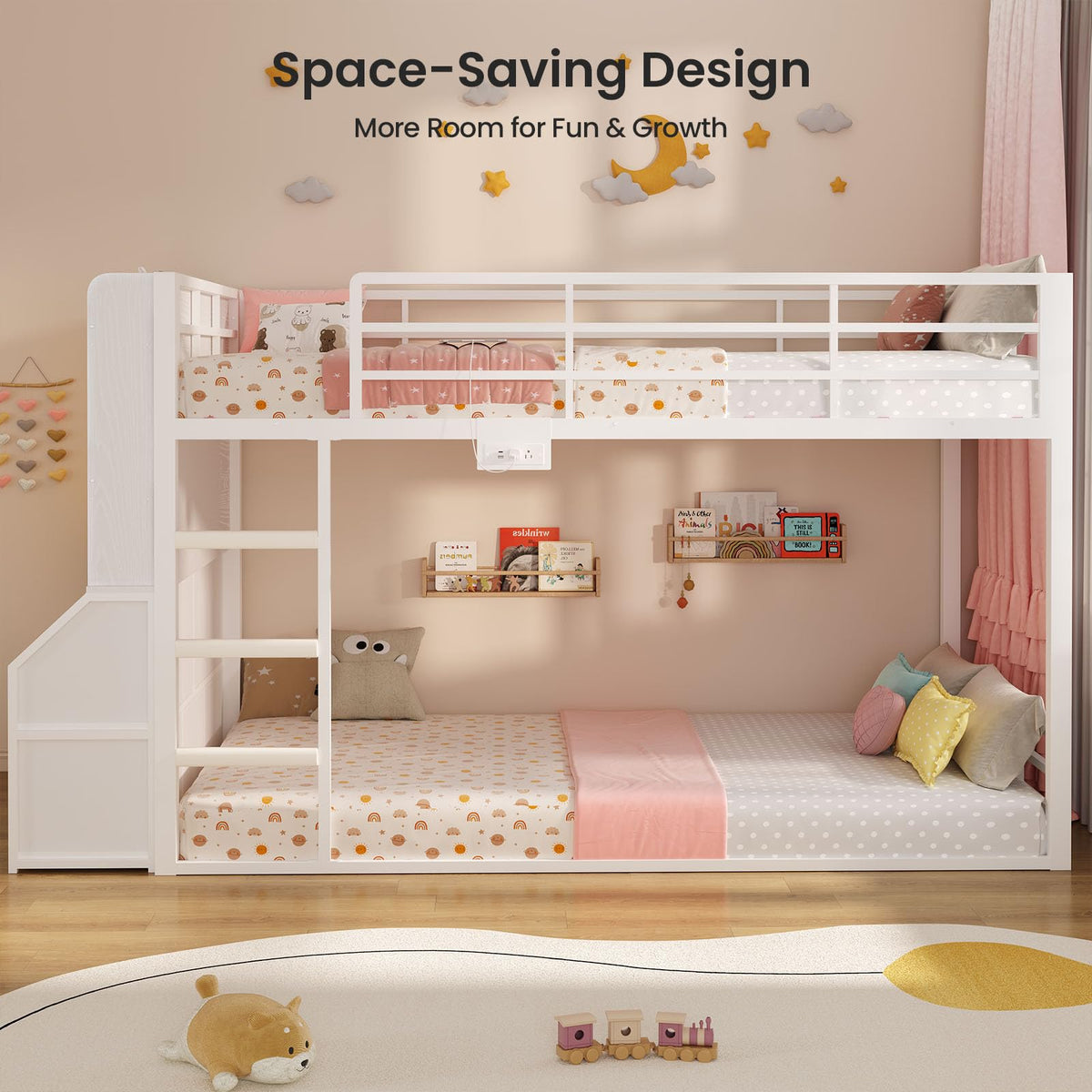 Twin Over Twin Bunk Bed with Bookshelf and Drawers S107
