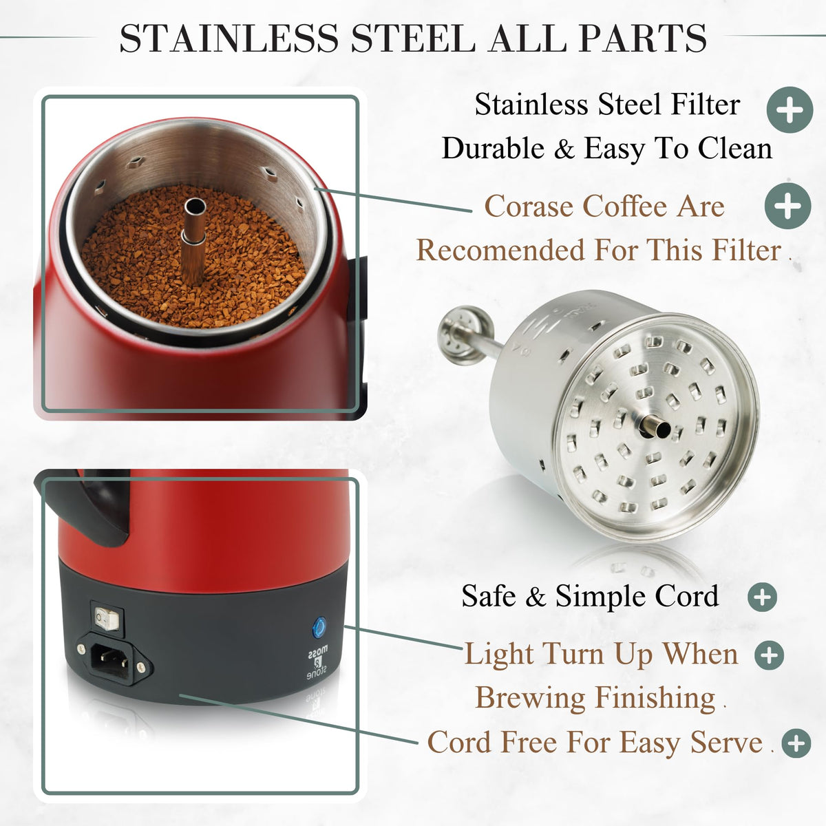 Red 10 Cups Electric Coffee Percolator with 3 Glass Cups T890