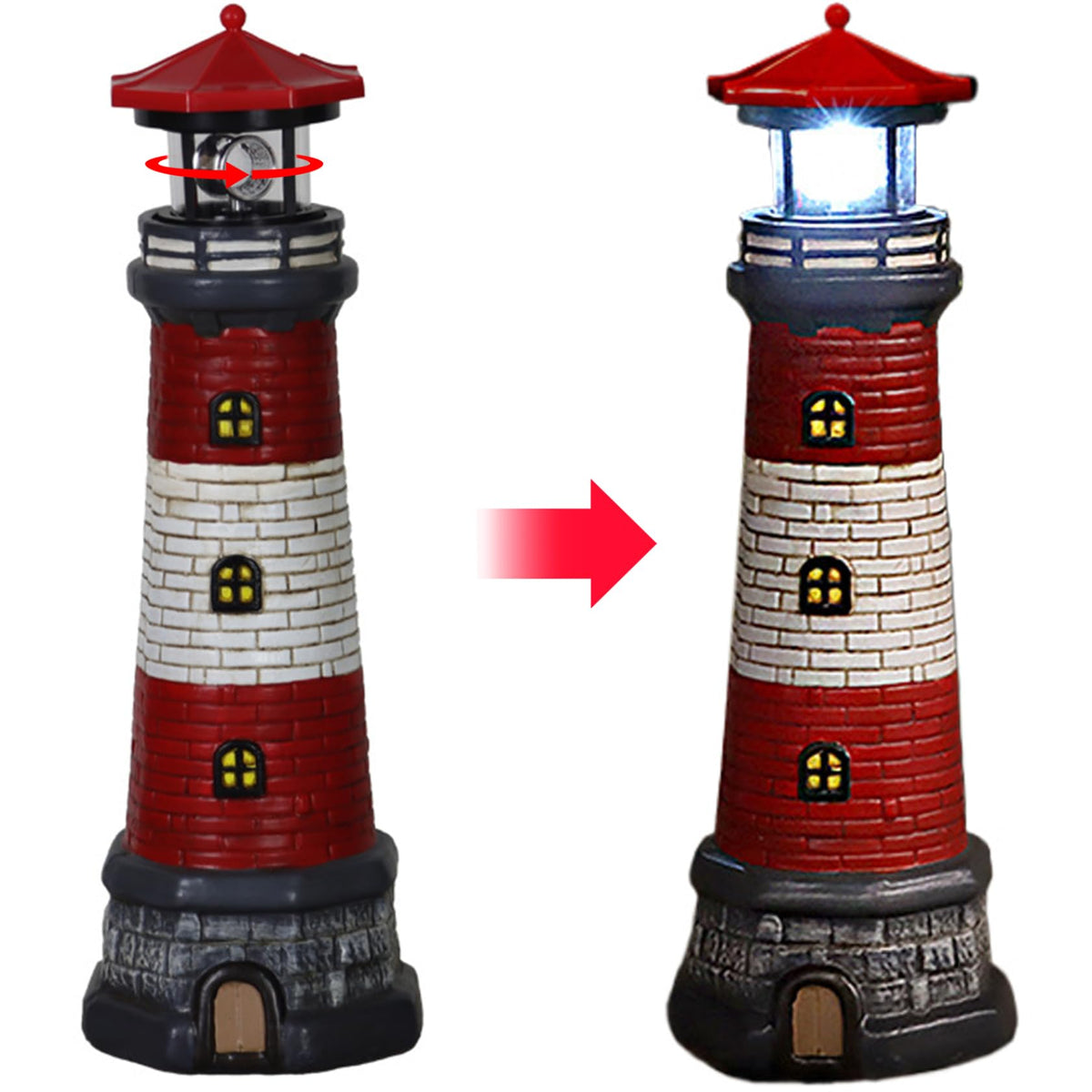 Solar Lighthouse with Rotating LED Lights, 4.7x4.7x14.8 Decorative Garden Statues, Red P9947