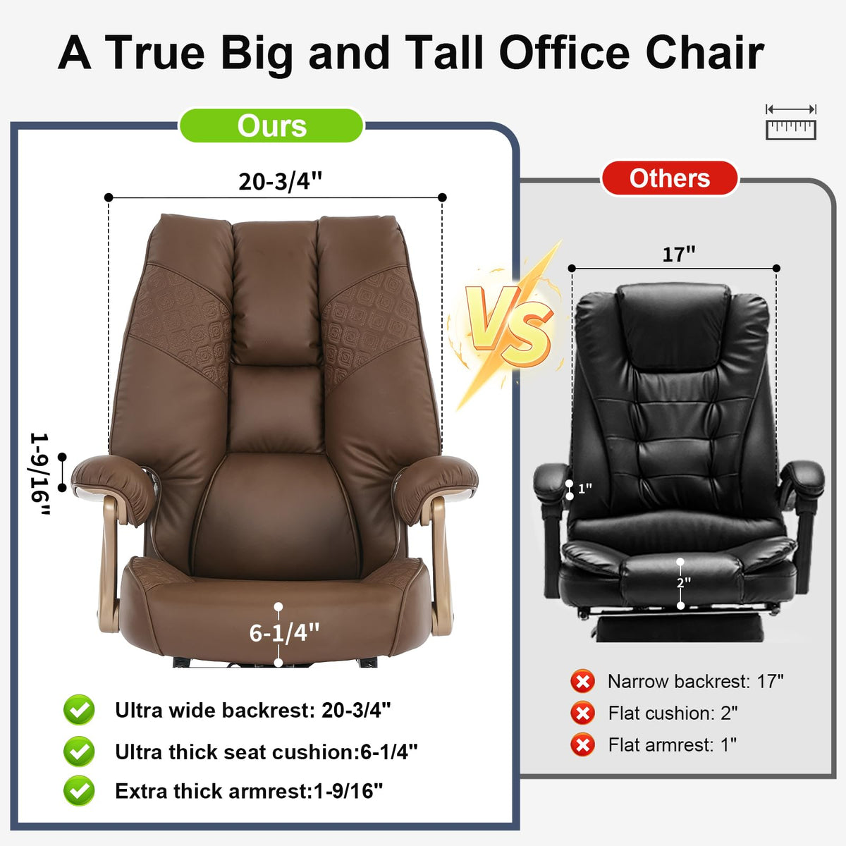 Big and Tall Ergonomic Office Chair with Footrest, 400LBS Capacity Brown PU Leather V90387