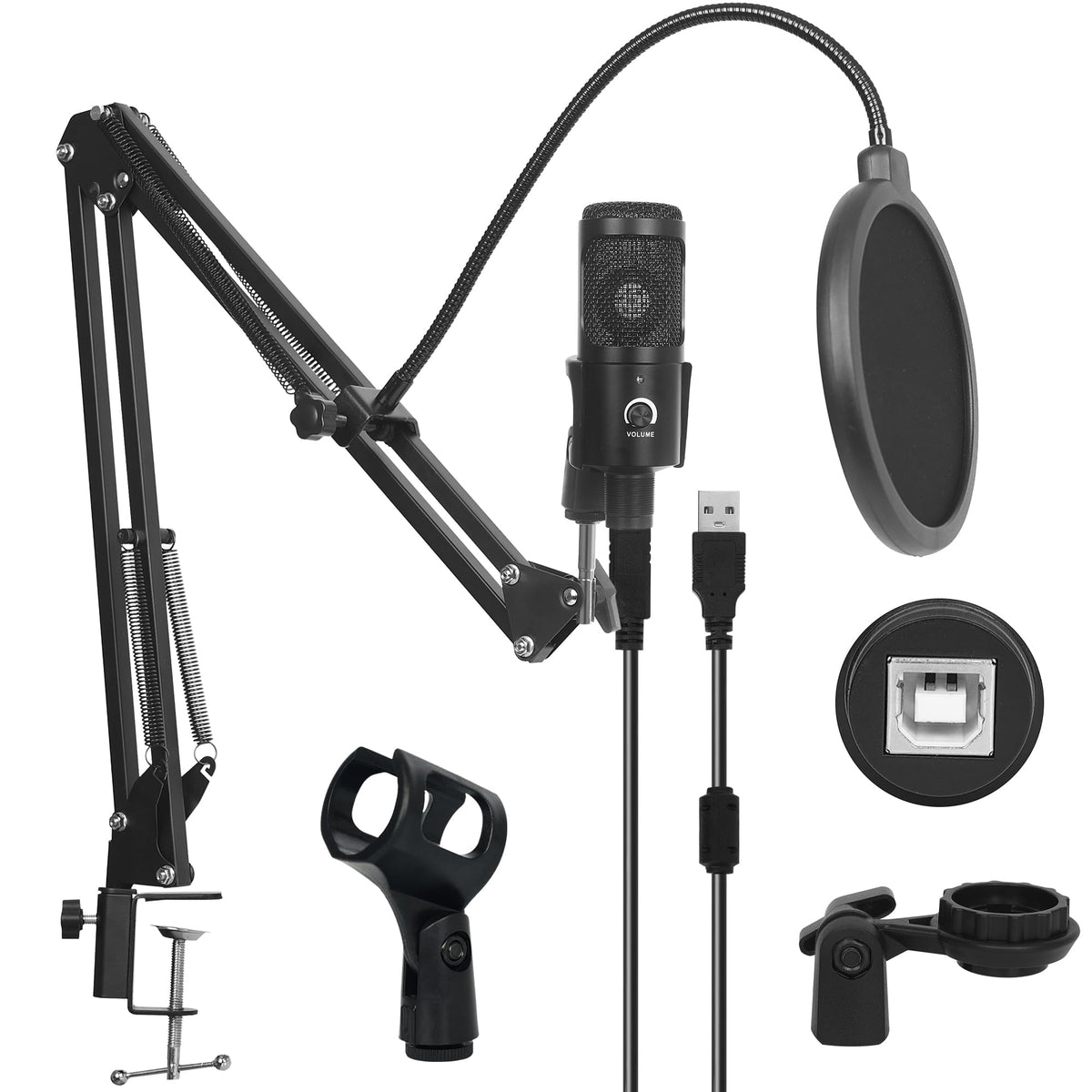 USB Condenser Microphone Kit with Scissor Arm, Shock Mount and Pop Filter E3669