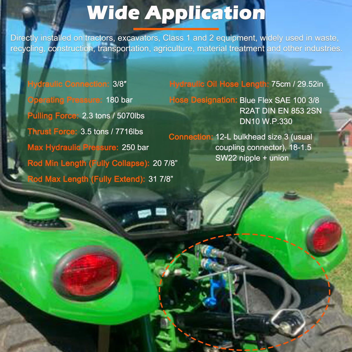 Hydraulic Top Link Cat. 1-1 with Locking Block 20 7/8” - 31 7/8” with 2 x Hose, Two-Way Check Valve Hydraulic Cylinder Set B1220