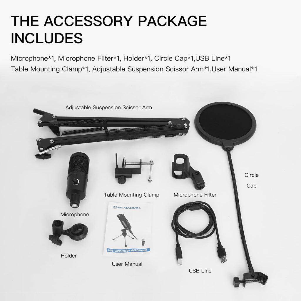 USB Condenser Microphone Kit with Scissor Arm, Shock Mount and Pop Filter E3669