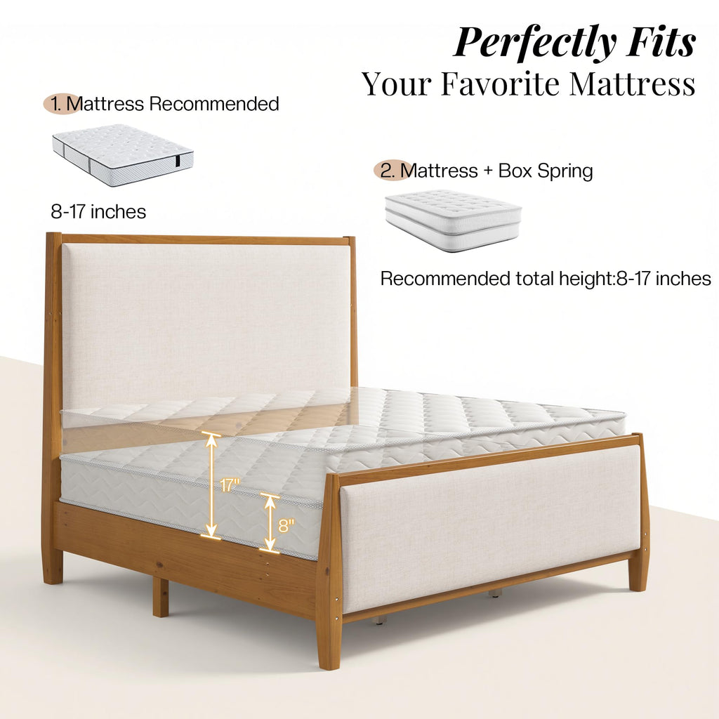 Solid Wood California King Size Bed Frame with Upholstered Headboard & Footboard S4121