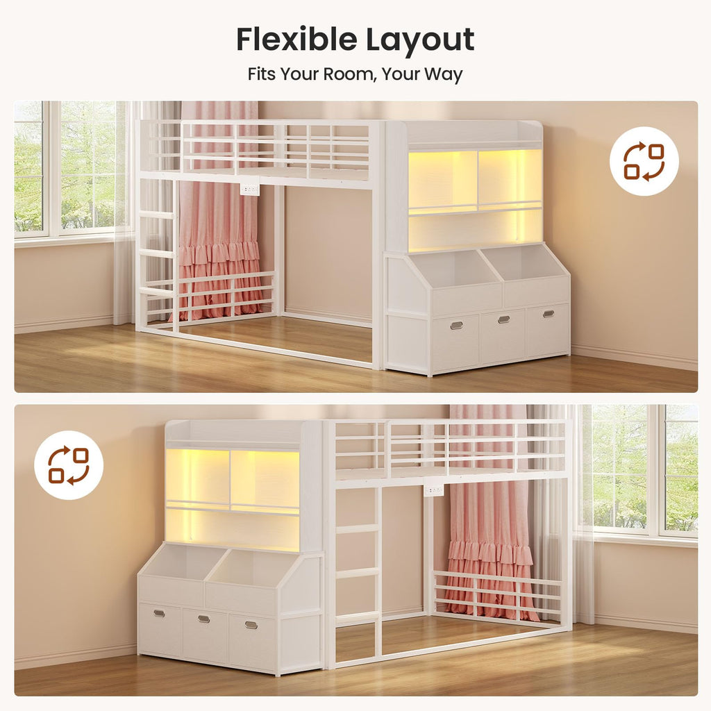 Twin Over Twin Bunk Bed with Bookshelf and Drawers S107