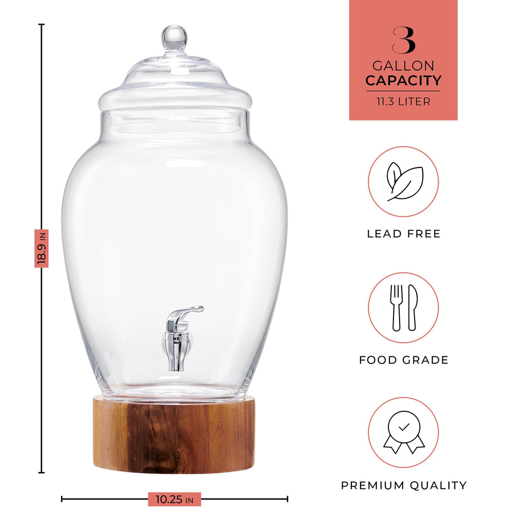 Glass Beverage Dispenser with Wood Base, 3 Gallon Z4403